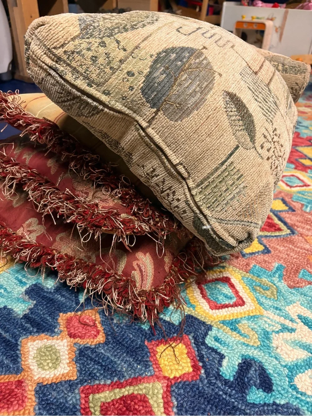 Decorative Throw Pillow Set in Rust, Plaid, Natural Leaf Prints bundle lot